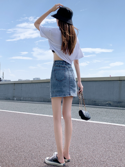 High-Waisted Slit Denim Mini Skirt